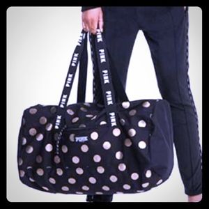Vs Pink black duffle bag with gold polka dots